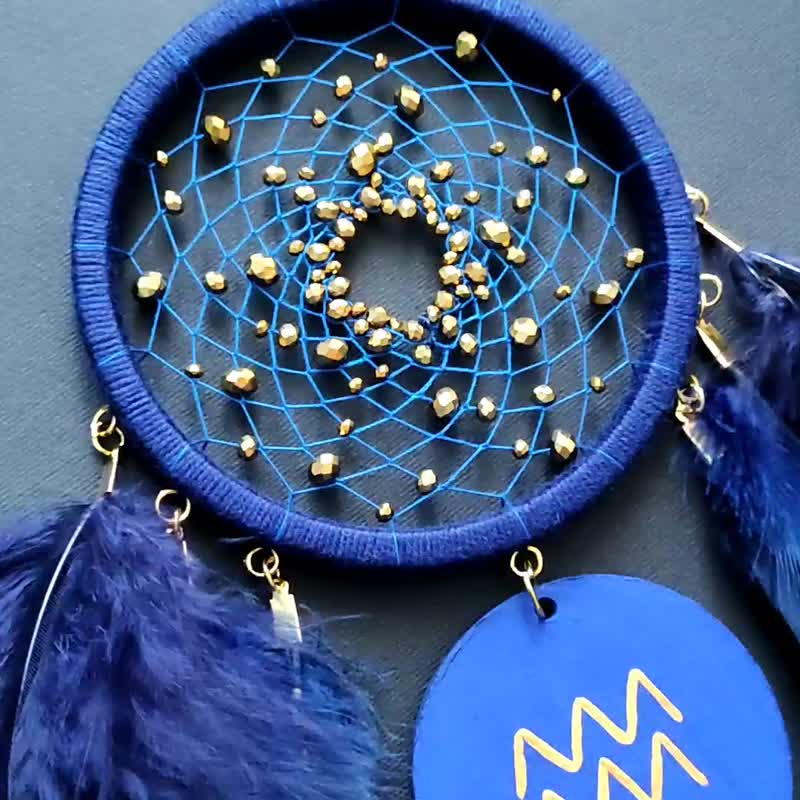 Handmade Aquarius Zodiac Dreamcatcher - Navy Gold Black Wall Decor for Aquarius - 墙贴/壁贴 - 绣线 蓝色