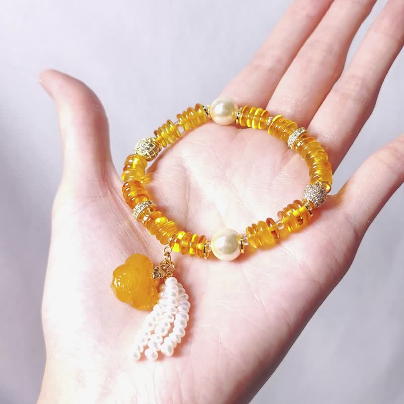 顶级 琥珀 蜜蜡 如意 珍珠 黄金贝珠 招财 流苏 手链 单品 礼物 - 手链/手环 - 宝石 黄色