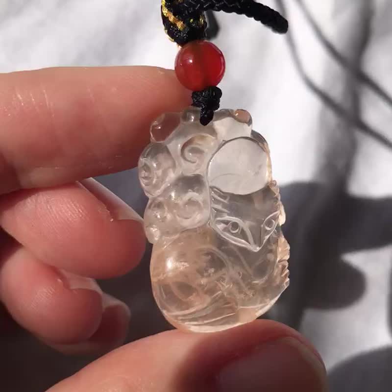 巴西红兔毛 粉兔毛 水晶 九尾狐 人工雕刻 项链 吊咀 吊堕 水晶 - 项链 - 水晶 粉红色