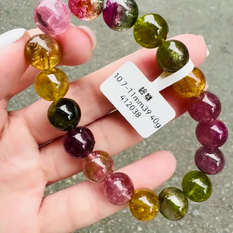 天然浓色大珠碧玺10.9-11.2mm39.40g电气石双色西瓜碧玺彩碧玺 - 手链/手环 - 水晶 多色