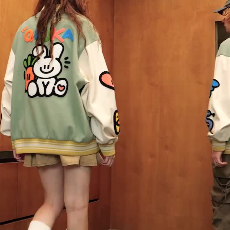 男士浅绿棒球服 情侣拼接夹克外套 - 男装外套 - 聚酯纤维 绿色