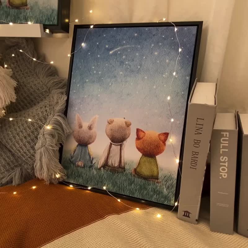 一起许愿吧 (直式) - 可爱手绘感动物插画挂画/儿童房摆设 - 海报/装饰画/版画 - 棉．麻 蓝色