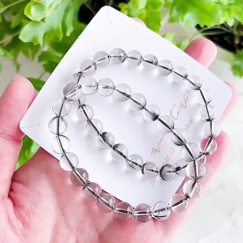 界线清楚的力量 /  水透体黑银钛手串 颗颗净亮 金属光发丝 - 手链/手环 - 水晶 黑色