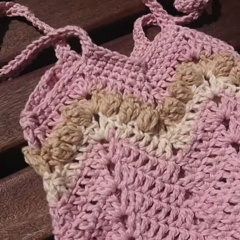 手工纯棉线编织饮料袋保暖爆米花款/环保饮料袋/草莓牛奶 - 随行杯提袋/水壶袋 - 棉．麻 粉红色