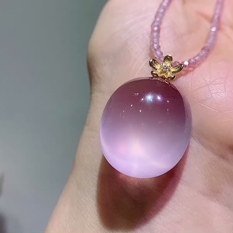 天然莫桑比克星光粉晶蛋面吊坠六芒星光S925纯银镶颜色粉 - 项链 - 水晶 