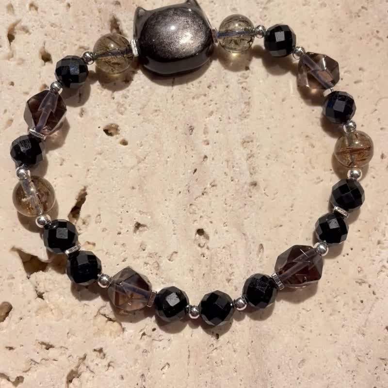 纯银黑曜石猫头中性手链 - 手链/手环 - 水晶 黑色