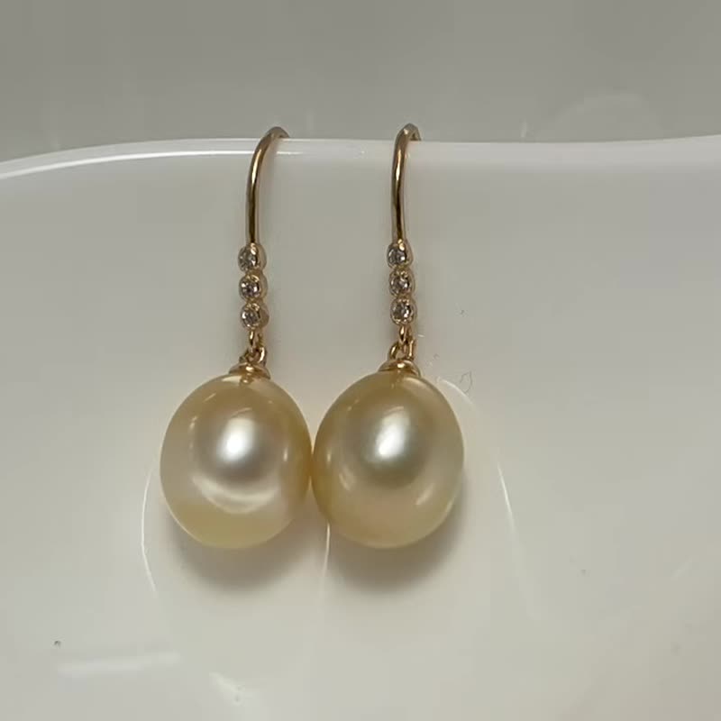 天然海水珍珠 香槟金 南洋金珠  纯银 耳环 - 耳环/耳夹 - 珍珠 金色