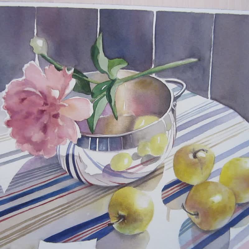 Watercolor painting, original, Still life with apples, unusual interior decor - 墙贴/壁贴 - 纸 灰色