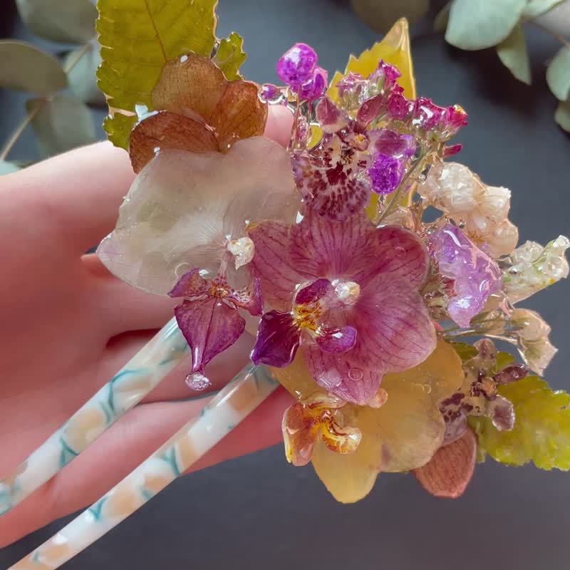 手工发夹 - 优雅天然发饰/兰花首饰 手作 - 发饰 - 树脂 多色