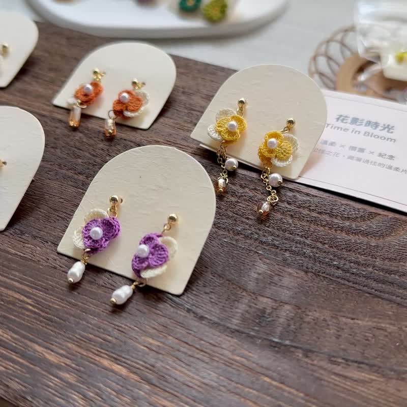 晨雾紫铃花 耳针 耳夹 幸运耳环 钩针 微钩 花朵 花 - 耳环/耳夹 - 棉．麻 紫色