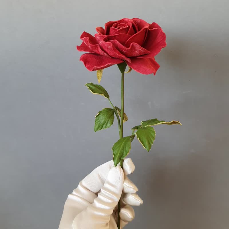 紅色皮革玫瑰長莖 Red leather rose long stem 3th anniversary gift for her, 3rd weddind - 墙贴/壁贴 - 真皮 红色
