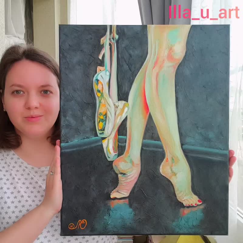 Female Foot Painting Ballerina Original Art Ballet Pointe Wall Art Oil Painting - 海报/装饰画/版画 - 棉 蓝色