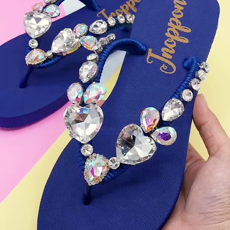 Jewelled Sparkle Sandals Rhinestone Heart Shape Blue Flip Flops BY JNOPPON - 拖鞋 - 橡胶 蓝色
