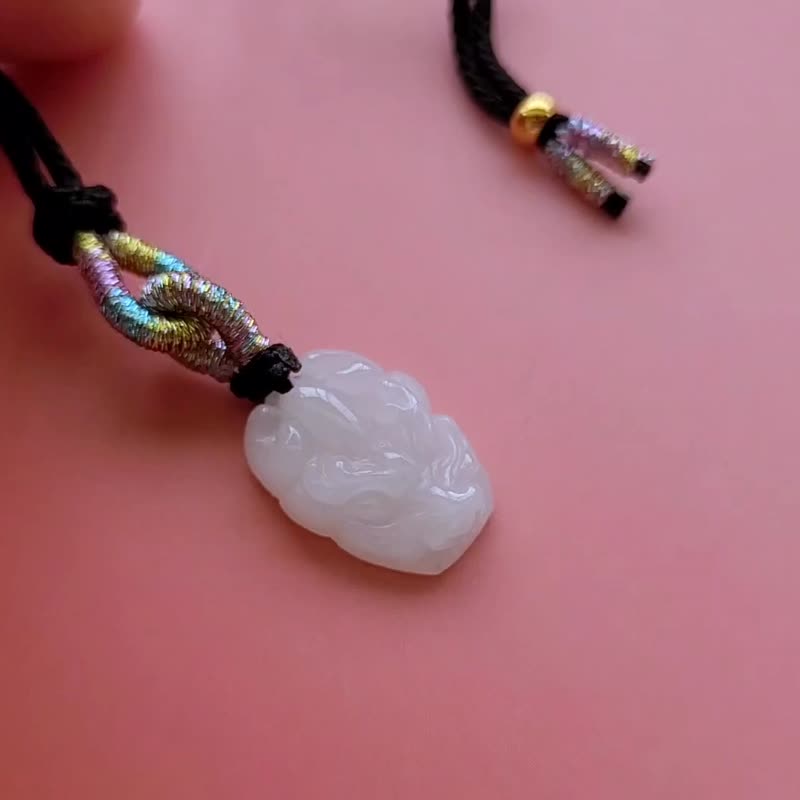 【亲翠】天然翡翠 白冰龙头调整式绳链 生肖 龙 - 项链 - 玉石 白色