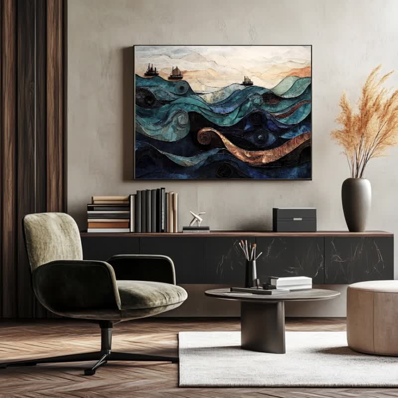 涌动之旅 无框画 抽象艺术微喷 层次海浪 航行意境 卧室书房装饰 - 海报/装饰画/版画 - 棉．麻 