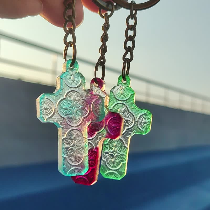 海棠花十字架钥匙圈-彩色款 | 台湾窗花的美好MIT - 钥匙链/钥匙包 - 其他材质 多色