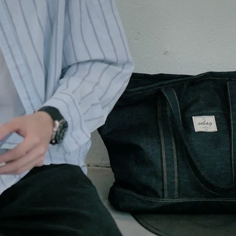 sobag日系中性大容量帆布单肩包百搭男不褪色牛仔蓝通勤托特大包 - 侧背包/斜挎包 - 棉．麻 蓝色