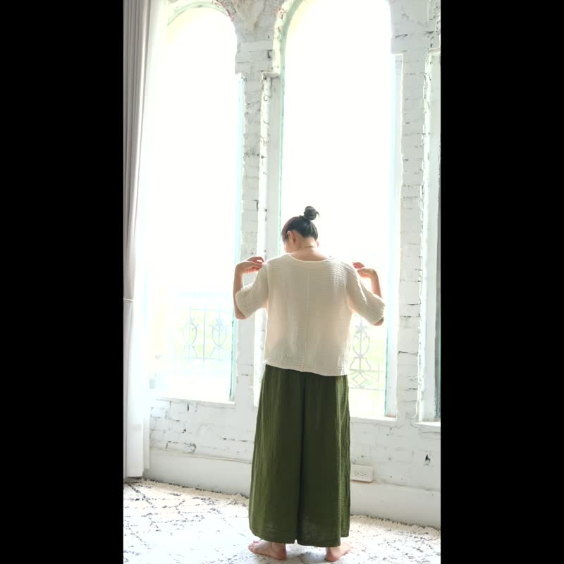 OMAKE 宽领五分袖上衣 / 双层纱 米白 - 女装上衣 - 棉 白色