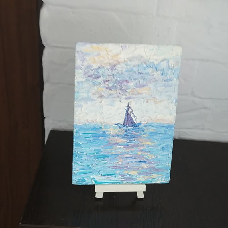 Oil Painting Sailboat Wall Art Sky Seascape Original Art Boats Waves Morning Cal - 海报/装饰画/版画 - 其他材质 蓝色