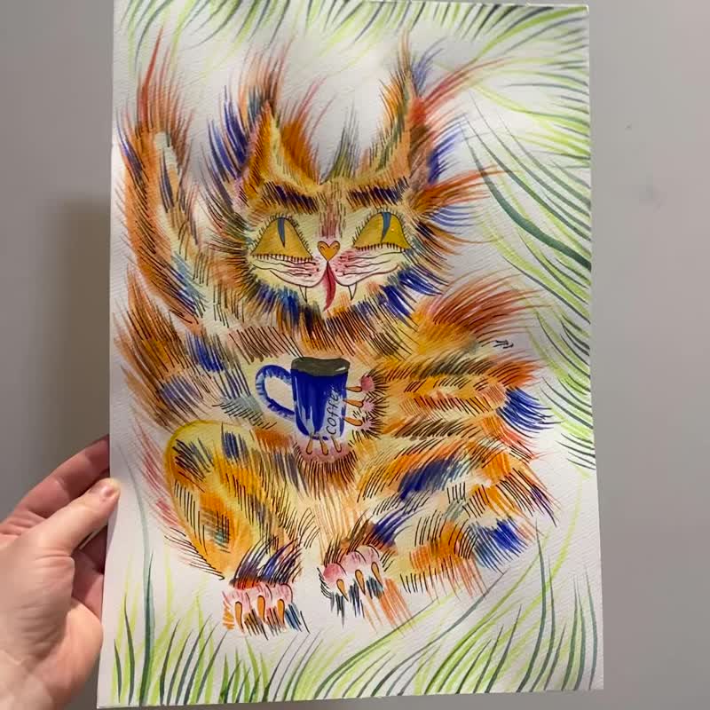 猫画。原画。原创水彩画。红猫。咖啡艺术 - 海报/装饰画/版画 - 纸 橘色