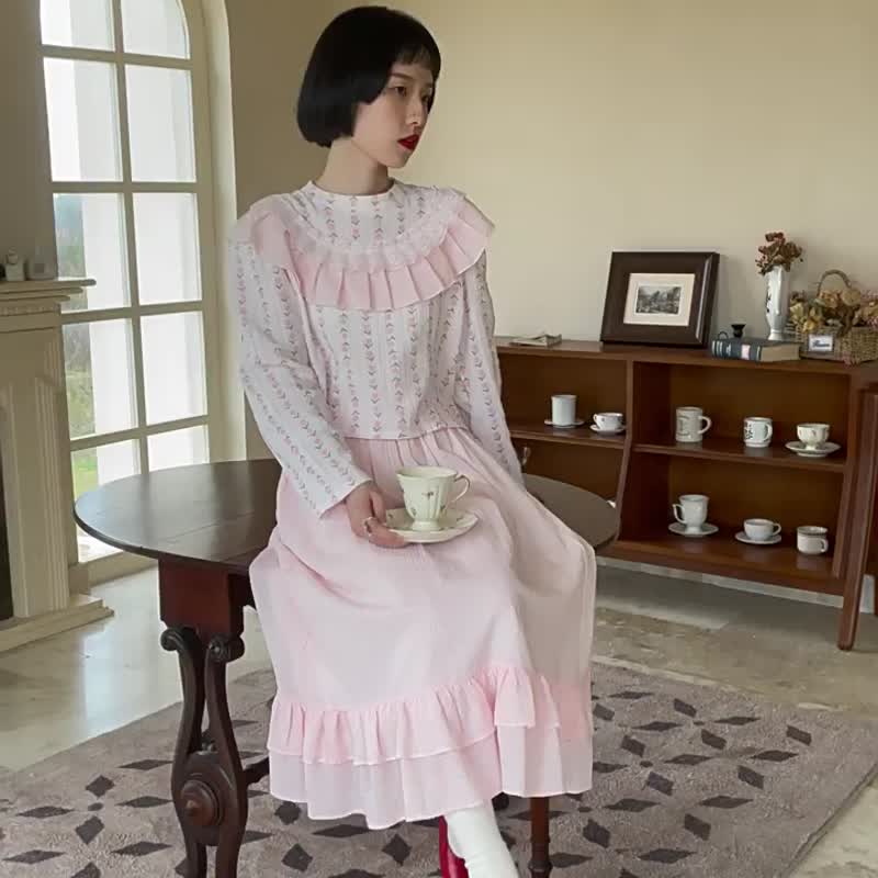 嬰兒粉色 郁金香印花襯衫+花邊半身裙子 套裝 日系復古甜美兩件套 - 女装衬衫 - 棉 粉红色
