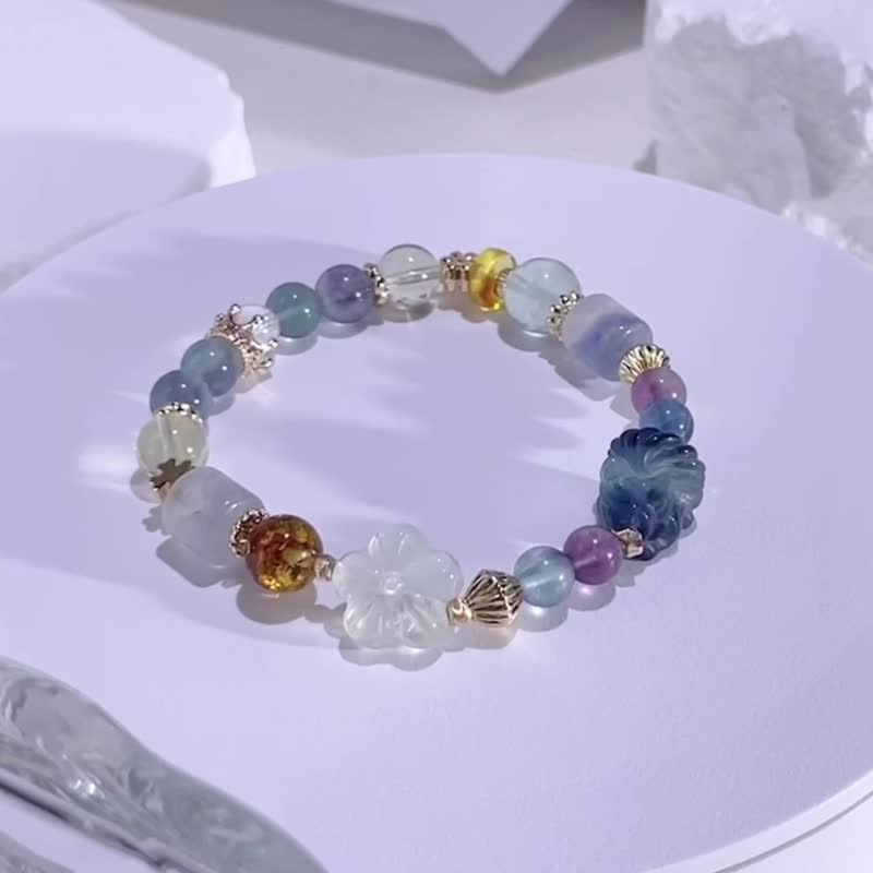 小狐仙遇见小桃花 萤石彩萤石 | 琥珀 | 白水晶 | 水晶手链 A11-2 - 手链/手环 - 水晶 多色