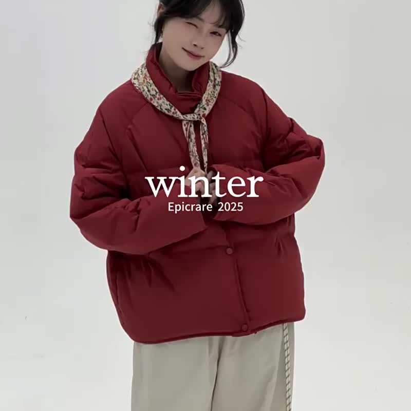 新年紅 立領羽絨服90羽絨服 文藝簡約保暖小個子麵包服外套 - 女装休闲/机能外套 - 其他人造纤维 红色