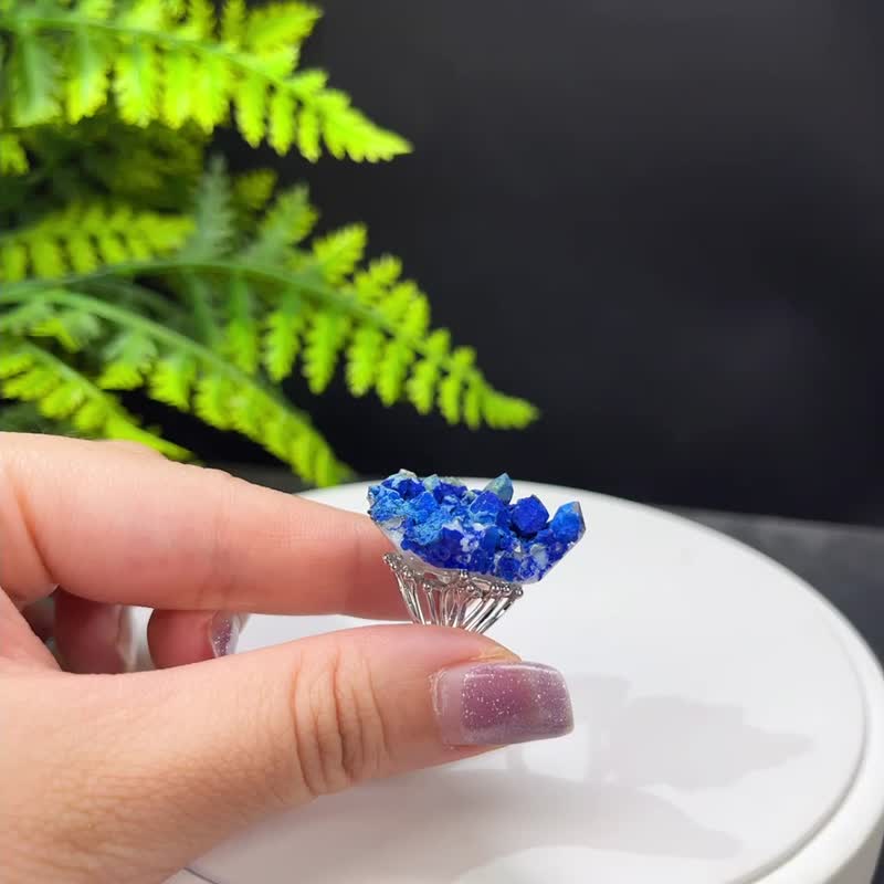 蓝铜矿活口戒指 随形原石标本 晶簇晶柱 蓝色宝石手工指环 S925银 - 戒指 - 宝石 蓝色