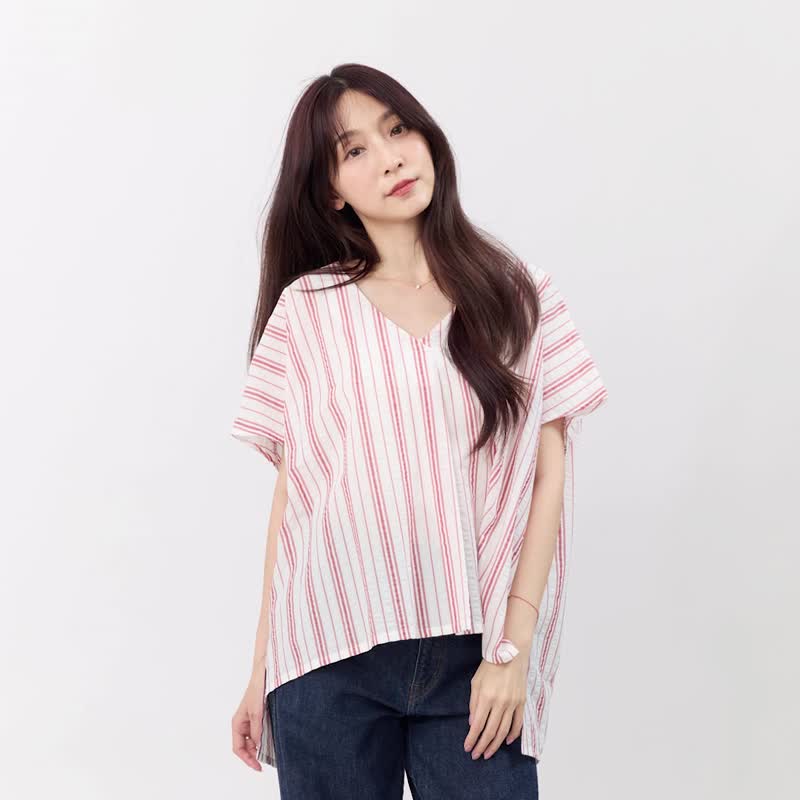 Vicky夏日V領棉質寬上衣/紅白條 - 女装衬衫 - 棉．麻 白色