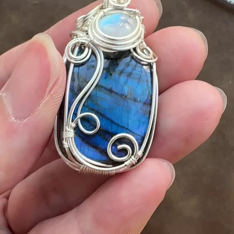 WW219 全手工编织 绕铜线  wire wrap 拉长石 月亮石 吊咀 - 项链 - 铜/黄铜 银色
