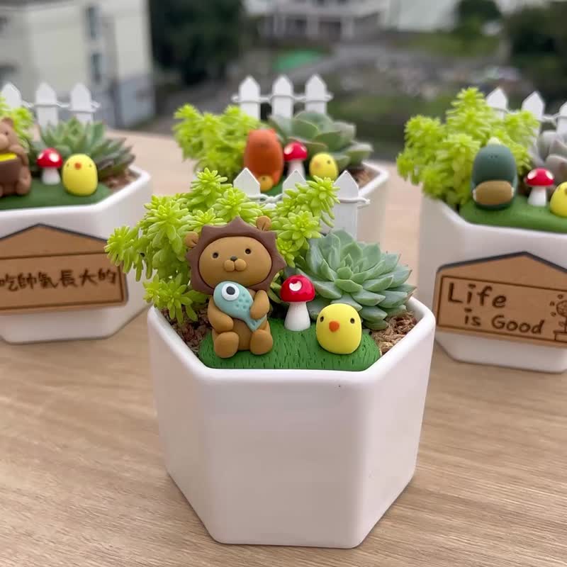 软陶萌动物系列-多肉植物微景观六角盆栽(附磁铁字牌) - 植栽/盆栽 - 瓷 白色