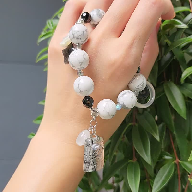 黑发晶 白松 白水晶 玛瑙 曜石 砗磲 拉长 碧玺 黑白 手链 礼物 - 手链/手环 - 宝石 黑色