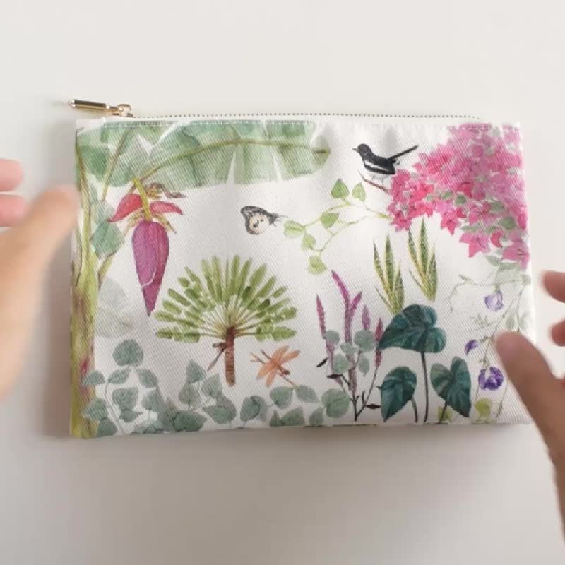 植物水彩收纳包：附金属拉链的扁平化妆包 - 零钱包 - 棉．麻 