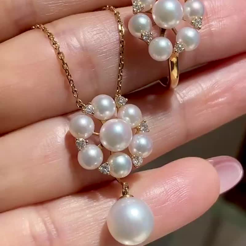 星点繁花Akoya天然海水珍珠真珠天然钻石18K金玫瑰金项链戒指 - 耳环/耳夹 - 珍珠 金色