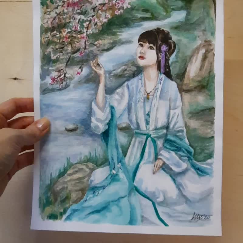女人画水彩原画开花樱花艺术东方 - 海报/装饰画/版画 - 纸 多色