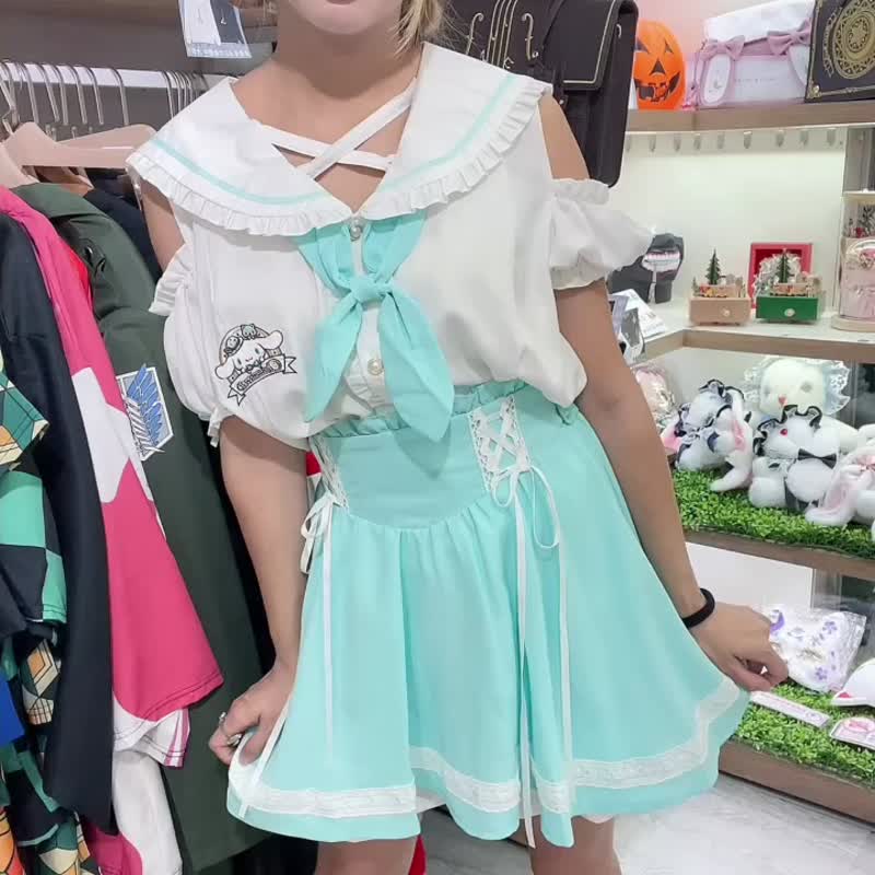 原创三丽鸥SANRIO大耳狗喜拿领结水手服露肩衬衫裤裙套装【JJ5032 - 洋装/连衣裙 - 棉 