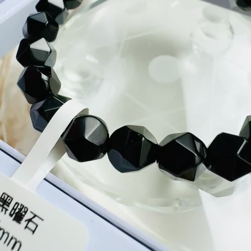 天然黑曜岩切珠7-8mm避邪清除负面能量保护屏障阻挡邪气 - 手链/手环 - 水晶 黑色