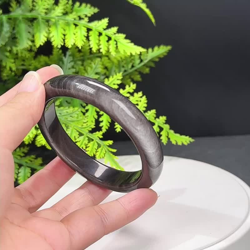 高品质 银曜石手镯 59MM 双天眼千层银色黑曜石手环 耀眼灵动聚气 - 手链/手环 - 半宝石 银色