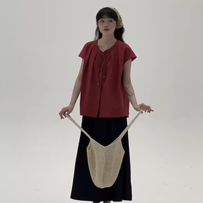 3顏色 領口系帶小飛袖襯衫 日系復古文藝甜美百搭休閒短袖上衣 - 女装衬衫 - 棉．麻 红色