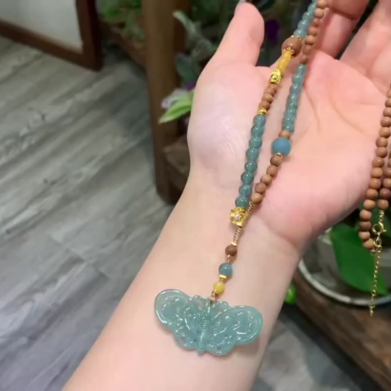 木火蝶 生旺九运 天然蓝水翡翠老山檀蝴蝶项链毛衣链 新中式项链 - 项链 - 玉石 