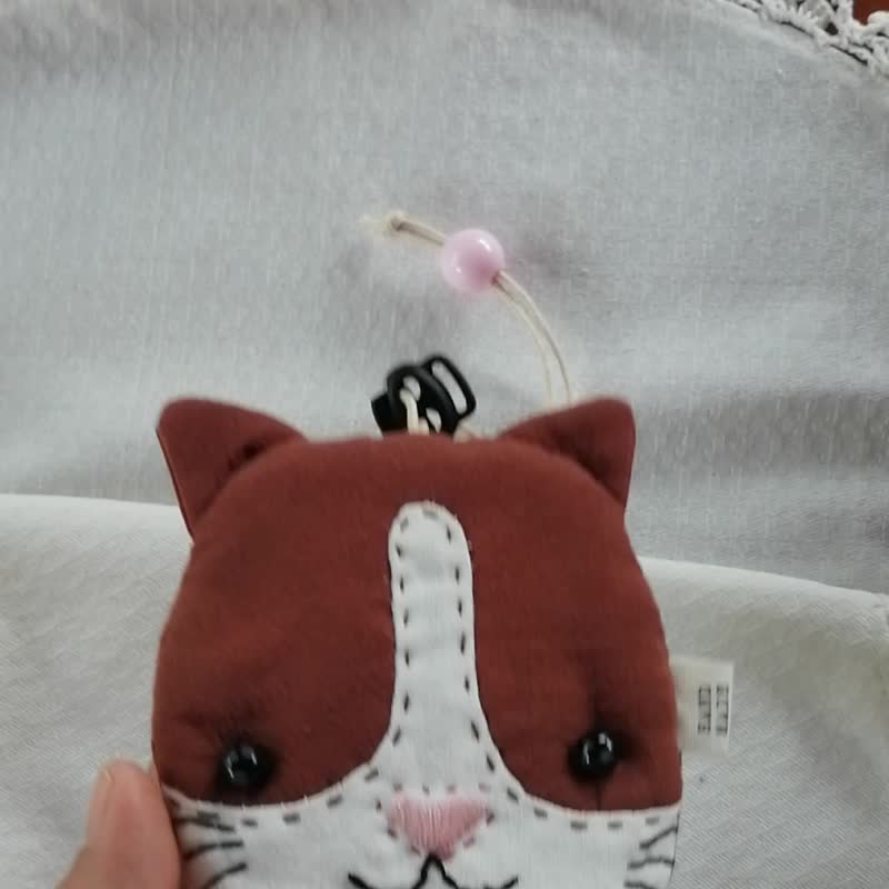 猫脸零钱包 - 钥匙链/钥匙包 - 棉．麻 咖啡色