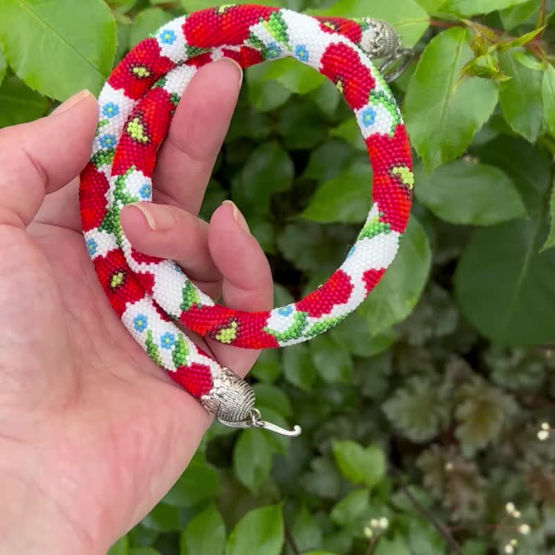 Red Poppy Necklace Floral Necklace Seed Bead Necklace Birthday Gift For Women - 项链 - 琉璃 红色