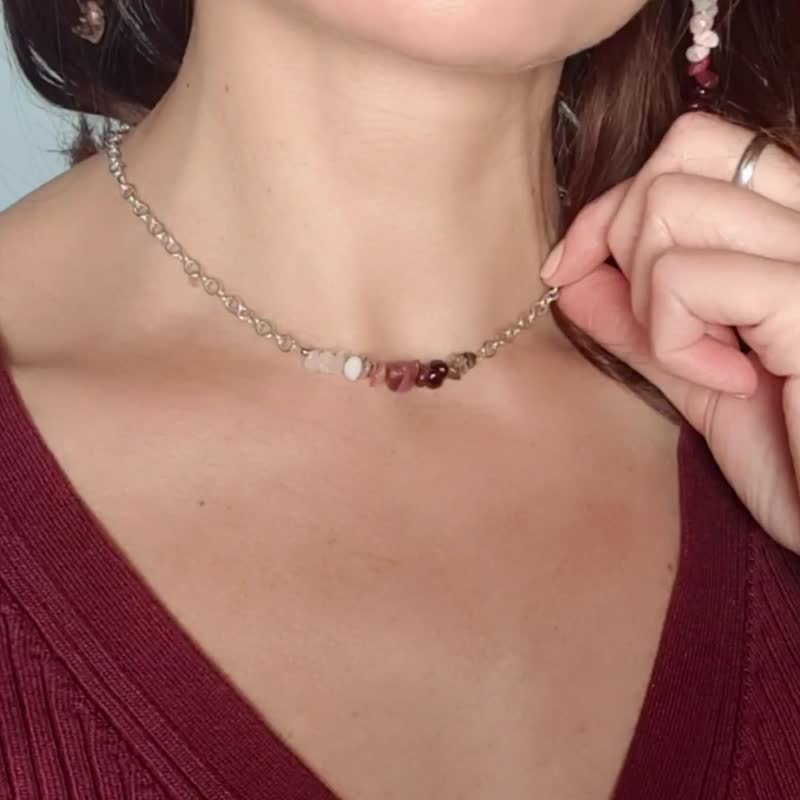 5 Crystals Necklace, 925 Silver, Garnet,Tourmaline, Pink Opal, Rose Quartz - 项链 - 水晶 多色