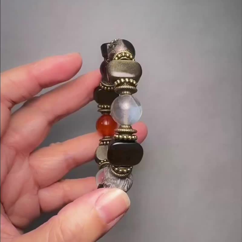 五行定锚・聚财不漏能量水晶手串/红玛瑙。金曜石。四季幽灵 - 手链/手环 - 铜/黄铜 