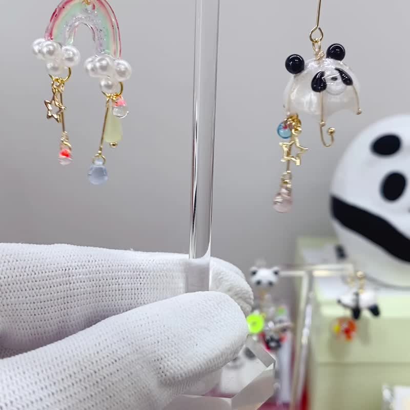 小熊猫雨伞拼彩虹、耳环、耳夹 - 耳环/耳夹 - 树脂 多色