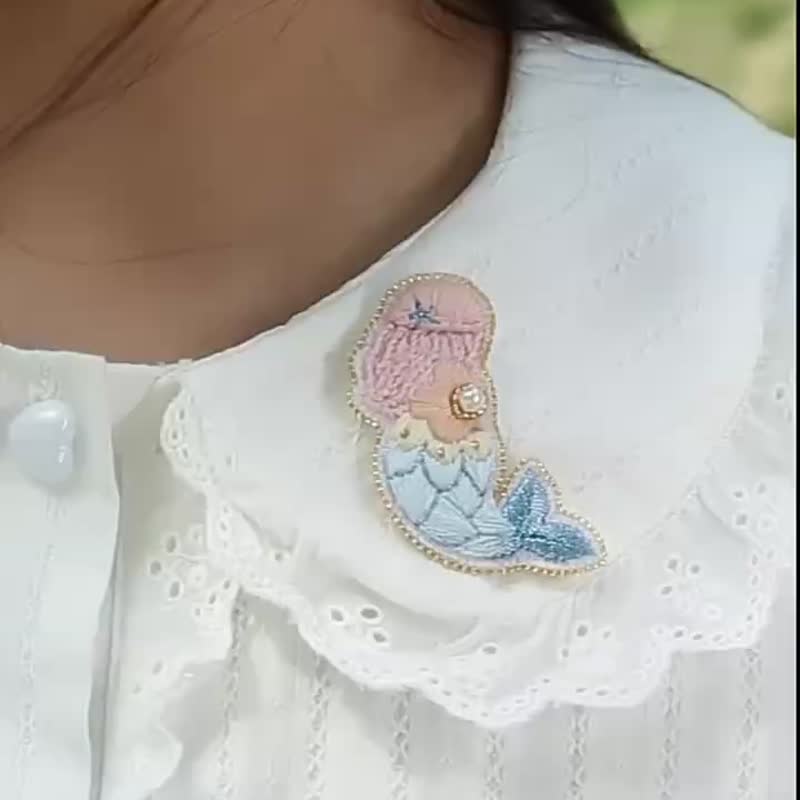 海的女儿 手工刺绣胸针 女 法式绣珠绣 DIY材料包 可爱配饰 礼物 - 胸针 - 棉 