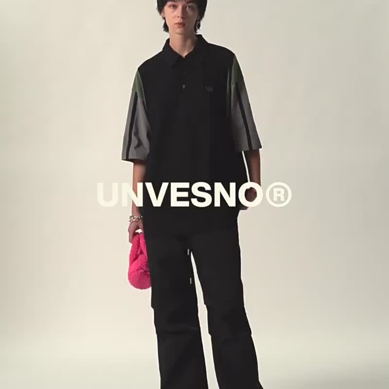 Unvesno (UN) 撞色拼接刺绣搽毛运动POLO衫短袖 SWS-1659 - 中性连帽卫衣/T 恤 - 其他材质 黑色
