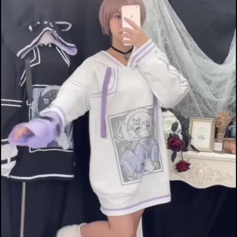 原创自噬少女荷叶边条纹一字领铁链十字架颈圈长袖T恤【JJ2451】 - 女装 T 恤 - 棉．麻 