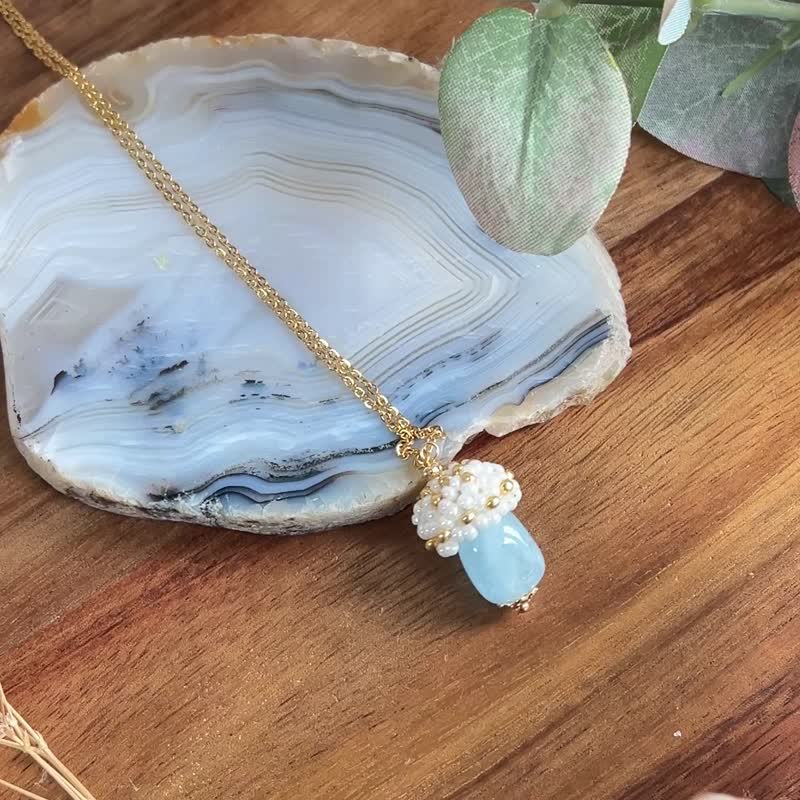 玻璃米珠x天然石 海蓝宝 蘑菇吊坠 - 项链 - 水晶 蓝色