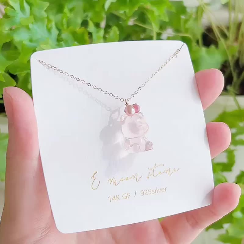 学会温柔对待自己 /  嘟嘟小坐熊 天然粉水晶招人缘桃花项链 14K - 项链 - 水晶 粉红色